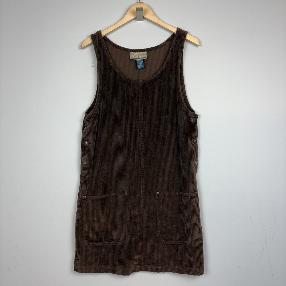 Vtg 90s Express Chocolate Brown Corduroy Cotton Jumper Pinafore Dress Sz M